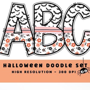 Halloween Doodle Letters Set PNG, Alfabeto de Halloween PNG, Sublimación, Prensa de Calor, Hierro encendido, HTV, Impresión, Pastel Halloween Alpha, Murciélagos, Flor