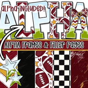 Puede incluir: Conjunto gráfico digital con el texto ALPHA INCLUDED! y ALPHA FRAMES & FILLER PAGES. El diseño incluye letras grandes con patrones de balones de fútbol, estrellas, corazones y chevrones, junto con un lazo decorativo y formas de estrellas.