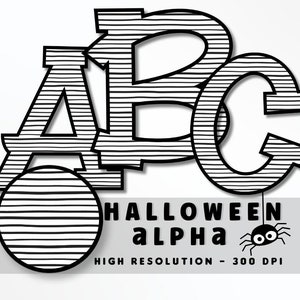 ブラック ストライプ ハロウィン フォント レター セット PNG、ハロウィン バイブス アルファベット、昇華、ヒート プレス、アイロン オン、HTV、プリント、ストライプ ハロウィン アルファ