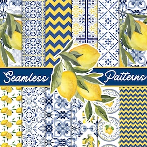 Motifs sans couture citrons et carreaux méditerranéens - Haute résolution - 12x12 - Scrapbooking - Cartes - Motifs de surface - Motifs infinis