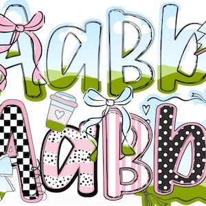 May include: A colourful illustration of the letters "AaBb", decorated with bows, polka dots, stripes, and a checkered pattern. A coffee cup with a heart design is also included in the design.