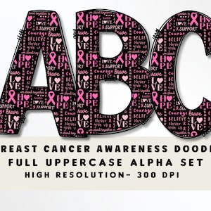 Concientización sobre el cáncer de mama Doodle Letters Set PNG, Alfabeto de cáncer PNG, Sublimación, Prensa de calor, Hierro encendido, htv, Impresión, Camiseta de cáncer de mama PNG