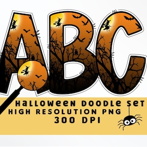 Patrón de Halloween Fondo Doodle Letras Set PNG, Alfabeto de Halloween, Sublimación, Prensa de Calor, Plancha, Impresión HTV, Conjunto de Alfabeto de Halloween