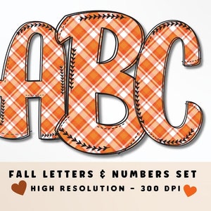 Naranja Plaid Otoño Fondo Doodle Alfabeto y números Set PNG, Letras de vibraciones de otoño, Sublimación, Prensa de calor, Plancha, Calor a vinilo, Imprimir