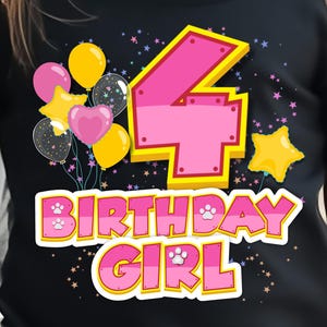 Geburtstag süßes Hund Mädchen 4. Geburtstag Eisen auf Transfers PNG, Print On Demand, Transferpresse, T-Shirt PNG-Datei, Mädchen Geburtstag PNG Download, Hund Geburtstag