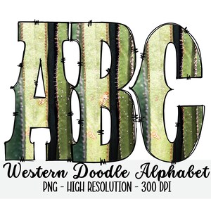 Cactus WESTERN DOODLE Alphabet & Numbers Set PNG - Scrapbooking, Crafting, Iron On, Print, Digital Letters, Doodle Letters, Cowboy Country