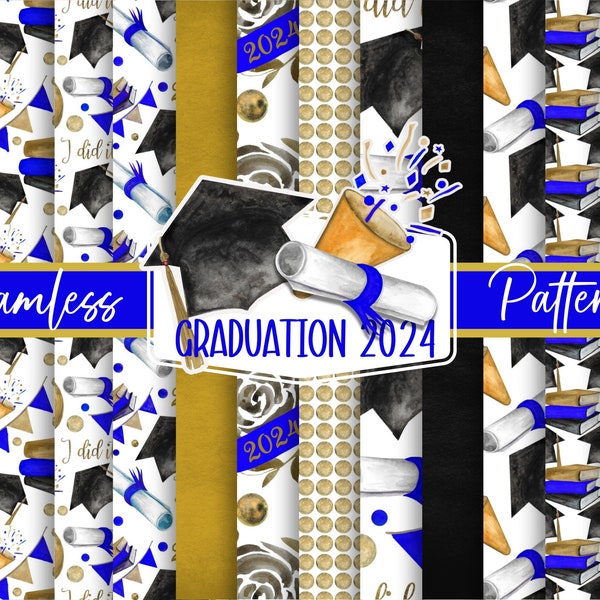 2024 Royal Blue, Black & Gold Graduation Seamless Patterns Digital Paper, Graduation Digital Paper, JPEG, Reaping Patterns, 12x12 Inches