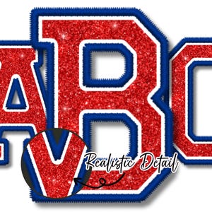 Faux Stickerei, Rot Glitter, Weiß & Blau Alphabet Set, Stickerei Sportbuchstaben, Buchstaben PNG, Glitzerbuchstaben PNG, Varsity Buchstaben