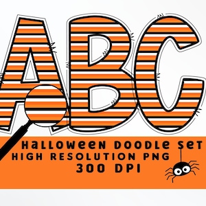 Naranja y rayas negras Halloween Doodle Letters Set PNG, Alfabeto de Halloween, Sublimación, Prensa de calor, Hierro encendido, Impresión HTV, Conjunto de alfabeto