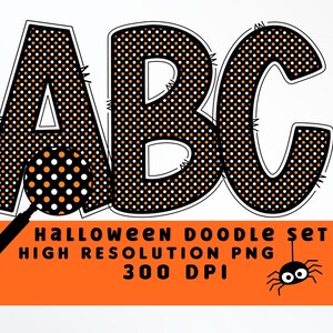 Naranja y blanco lunares Halloween Doodle Letters Set PNG, Alfabeto de Halloween, Sublimación, Prensa de calor, Hierro encendido, Impresión HTV, Conjunto de alfabeto