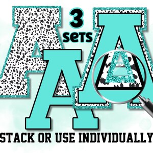 Alfabeto universitario con brillantina en capas color aguamarina, letras y números con puntos de dibujo, prensa térmica, termoadhesivo, HTF, impresión, alfabeto deportivo con dibujo, Aqua Alpha