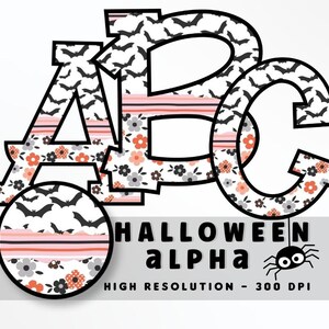Flores y murciélagos Conjunto de letras de fuente de Halloween PNG, Alfabeto de vibraciones de Halloween, Sublimación, Prensa de calor, Hierro encendido, HTV, Impresión, Conjunto Alfa de Halloween