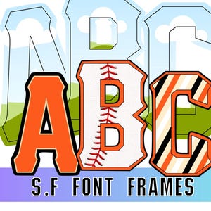Könnte beinhalten: Grafik mit den Buchstaben "ABC" in einer Schriftart zum Thema Baseball. Der Buchstabe "A" ist orange, "B" ist wie ein Baseball gestaltet und "C" hat orange und schwarze Streifen. Der Text "S.F. FONT FRAMES" steht unten.