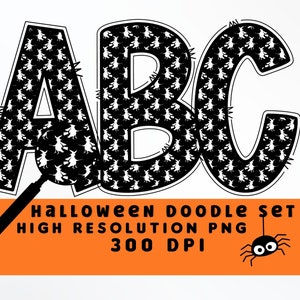 Patrón de bruja de Halloween Doodle Letters Set PNG, Alfabeto de Halloween, Sublimación, Prensa de calor, Hierro encendido, Impresión HTV, Conjunto de alfabeto de Halloween