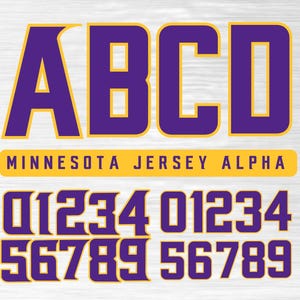 Minnesota Jersey Schrift: Lila & Gold Alphabet, Zahlen (PNG)