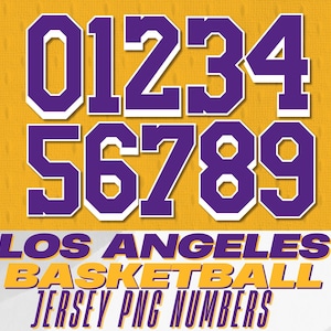 Números de camiseta de baloncesto de Los Ángeles, números para prensa de calor, números deportivos PNG, números de camiseta, números morados y blancos