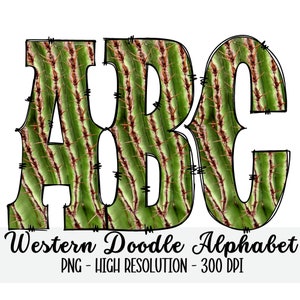 Cactus WESTERN DOODLE Alphabet & Numbers Set PNG - Scrapbooking, Crafting, Iron On, Print, Digital Letters, Doodle Letters, Cowboy Country