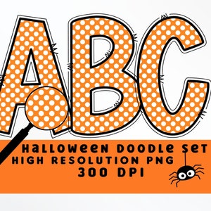 Naranja y blanco lunares Halloween Doodle Letters Set PNG, Alfabeto de Halloween, Sublimación, Prensa de calor, Hierro encendido, Impresión HTV, Conjunto de alfabeto