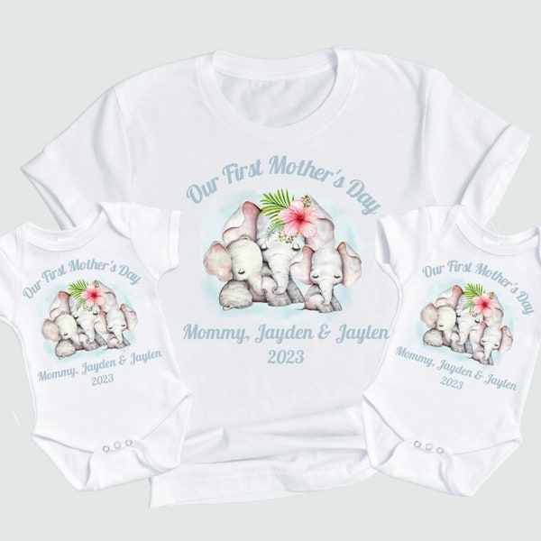 MOM OF TWINS Boys First Mother's Day T-shirts - Bodysuit - Mothers Day Shirts - Mommy And Me Matching Shirts -Mommy And Baby Elephants