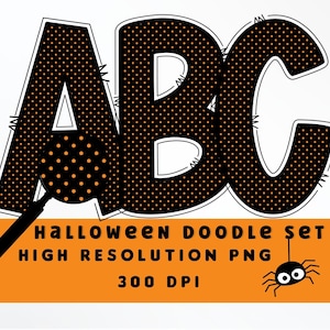 Naranja y negro lunares Halloween Doodle Letters Set PNG, Alfabeto de Halloween, Sublimación, Prensa de calor, Hierro encendido, Impresión HTV, Conjunto de alfabeto