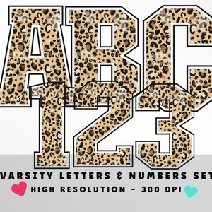 Conjunto de números y alfabeto universitario con estampado de leopardo descolorido PNG, letras de scrapbooking, suministros de artesanía, conjunto de letras de fuentes deportivas, conjunto alfa, grunge