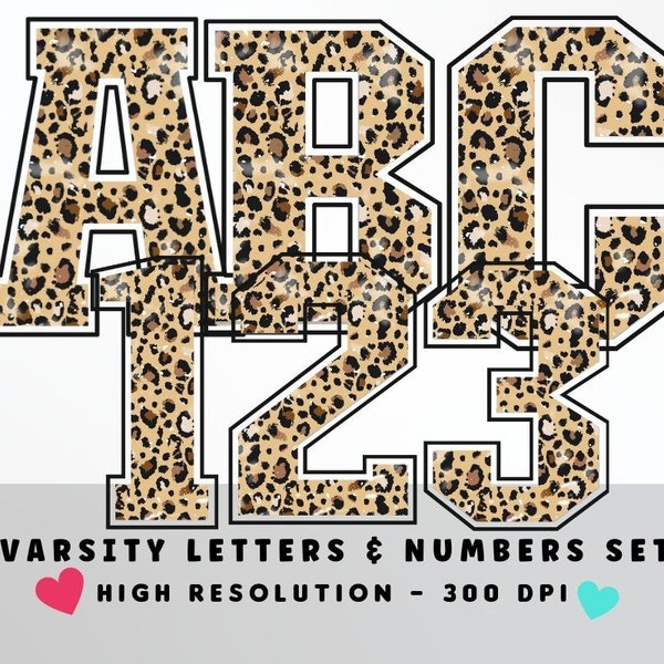 Faded Leopard Print Varsity Alphabet & Numbers Set PNG, Scrapbooking Letters, Crafting Supplies, Sports Font Letters Set,  Alpha Set, Grunge