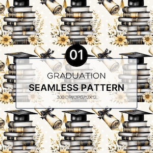May include: A seamless pattern featuring a stack of books with a graduation cap on top, surrounded by scrolls, flowers, and gold accents. The text "Graduation Seamless Pattern" is displayed in the centre of the image.
