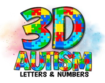3D Autism Awareness Alphabet & Numbers Set PNG, Scrapbooking, Crafting, Iron On, Print, Digital Letters, Puzzle Letters, Primary Colors