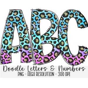 LEOPARD PRINT Doodle Alphabet & Numbers Set PNG - Sublimación - Prensa de calor - Fondo transparente - Leopard Alphabet - Iron On - Print