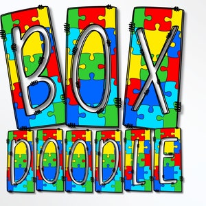 Autisme Bewustzijn Box Doodle Letters PNG, Autisme Ondersteuning Alfabet PNG, Sublimatie, Warmtepers, Opstrijkbare, htv, Print, Autisme Acceptatie Alpha