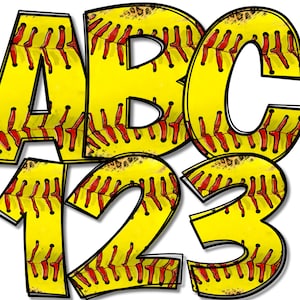 Peut inclure: Graphique avec les lettres ABC et les chiffres 123 dans un design de softball. Les lettres et les chiffres sont jaunes avec des coutures rouges, imitant l'aspect d'une balle de softball. Les contours sont noirs.