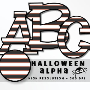 Naranja, rayas blancas y negras Conjunto de letras de fuente de Halloween PNG, Vibraciones de Halloween, Sublimación, Prensa de calor, Plancha, HTV, Impresión, Alfa de Halloween