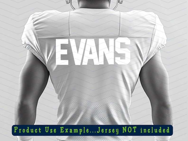Puede incluir: Una camiseta de f&uacute;tbol americano blanca con el nombre "EVANS" impreso en letras blancas grandes y en negrita en la espalda. La camiseta se muestra en una persona, con la vista trasera visible. La imagen incluye el texto "Product Use Example...Jersey NOT included".