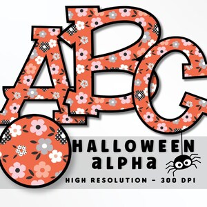 Flores lindas Conjunto de letras de fuente de Halloween PNG, Alfabeto de vibraciones de Halloween, Sublimación, Prensa de calor, Hierro encendido, HTV, Impresión, Conjunto Alfa de Halloween