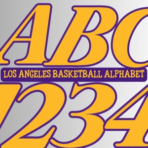 Alfabeto y números de baloncesto de Los Ángeles, letras PNG de baloncesto, baloncesto de Los Ángeles, alfabeto de baloncesto morado y dorado PNG, letras de camiseta