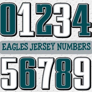 Números de camiseta de fútbol americano de Filadelfia, números de camiseta falsos, números deportivos PNG, números de camiseta, números de camiseta de los Eagles, verde y blanco