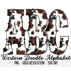 Cuero de vaca WESTERN DOODLE Alphabet & Numbers Set PNG - Scrapbooking, Crafting, Iron On, Print, Digital Letters, Doodle Letters, Cowboy Country