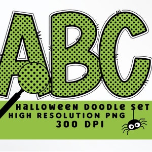 Lunares verdes y negros Halloween Doodle Letters Set PNG, Alfabeto de Halloween, Sublimación, Prensa de calor, Hierro encendido, Impresión HTV, Conjunto de alfabetos