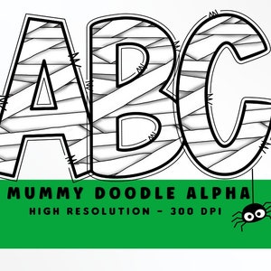 MUMMY Halloween Doodle Letters Set PNG, Alfabeto de Doodle de Halloween, Sublimación, Prensa de Calor, Plancha, HTV, Impresión, Conjunto Alfa de Halloween