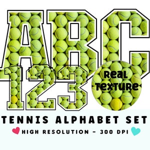 Textura de bolas de tênis Conjunto de alfabeto e números de fontes esportivas PNG - Letras de scrapbooking - Letras de bloco - Conjunto de letras de tênis - Conjunto alfa