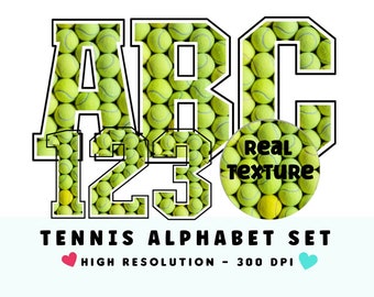 Conjunto de alfabeto y números con textura de pelota de tenis (descarga digital)