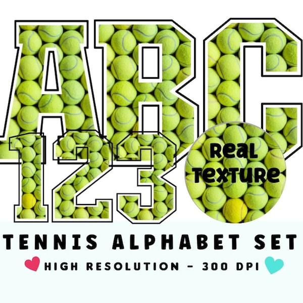 Tennis Balls Texture Sports Font Alphabet & Numbers Set PNG - Scrapbooking Letters - Block Letters - Tennis Letters Set - Alpha Set