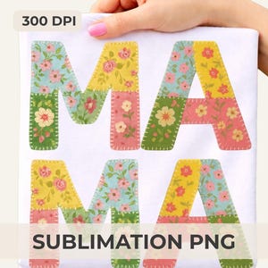 Patchwork bloemen MAMA sublimatie png-bestand – gewatteerd cottagecore-ontwerp (digitale download)