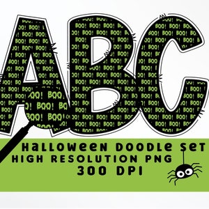 Boo estampado Halloween Doodle Letters Set PNG, Alfabeto de Halloween, Sublimación, Prensa de calor, Hierro encendido, Impresión HTV, Conjunto de alfabeto