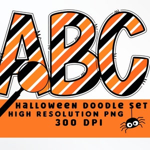 Naranja y rayas negras Halloween Doodle Letters Set PNG, Alfabeto de Halloween, Sublimación, Prensa de calor, Hierro encendido, Impresión HTV, Conjunto de alfabeto