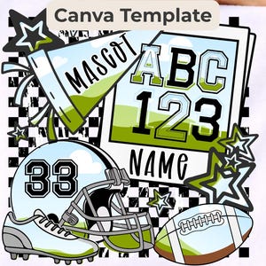 Könnte beinhalten: Ein weißes Grafikdesign mit Elementen zum Thema Football. Enthält einen Footballhelm, Stollen und einen Football sowie den Text "MASCOT", "ABC 123" und "NAME". Grüne und schwarze Akzente werden verwendet.