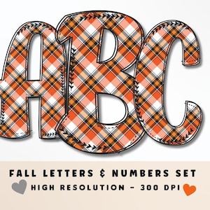 Naranja Plaid Otoño Fondo Doodle Alfabeto y números Set PNG, Letras de vibraciones de otoño, Sublimación, Prensa de calor, Plancha, Calor a vinilo, Imprimir