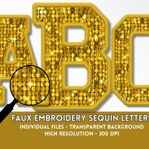 Bordado falso, letras texturizadas de lantejoulas douradas, conjunto de alfabeto e números PNG - Letras de scrapbooking - Letras de bloco - Letras bordadas PNG