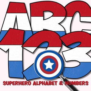 Letras de super-heróis vermelhas, brancas e azuis PNG Letras de quadrinhos para impressão Alfabeto de quadrinhos PNG Letras de aniversário de super-heróis Álbum de recortes digital