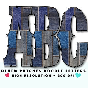 Parches de mezclilla WESTERN DOODLE Alphabet & Numbers Set PNG - Scrapbooking, Crafting, Iron On, Print, Digital Letters, Doodle Letters, Grunge
